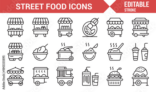 Urban food market and street dining linear icons