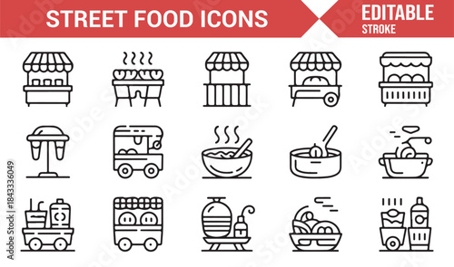 Street cuisine snacks and drinks minimalist vector icons