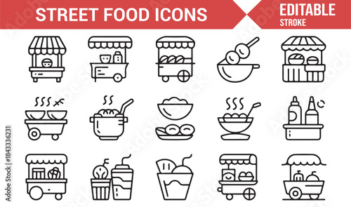 Street food carts and trucks outline icons editable vector set