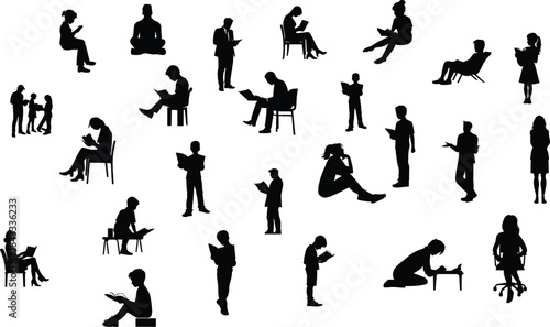 Large Collection of Diverse People Silhouettes in Various Poses. A set of  black silhouettes of people arranged in two rows against a white background.
