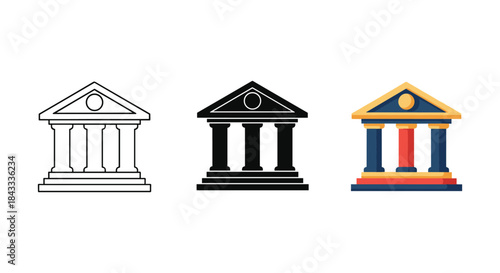 Ancient greek temple icon set in various styles