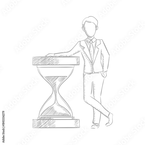 A sketch of a businessman leaning casually on a large hourglass, symbolizing time management and the passage of time.