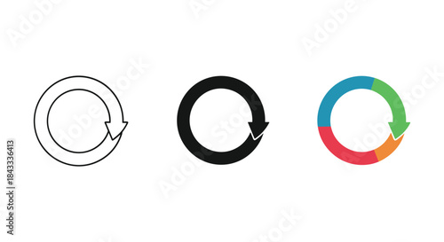 Set of three circular arrows in different styles and colors