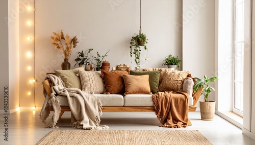 Cozy Living Room Interior with Sofa, Pillows, Blankets, and String Lights.