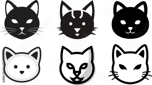 Six stylized icons depicting various cat faces in black and white