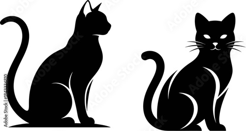 Stylized black cat silhouettes showcasing grace and mystery, depicted in two iconic sitting positions, ideal for feline-themed graphics and versatile decorative illustrations