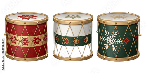 Realistic Christmas Toy Drums, Red White Green Festive Musical Instruments, Semi-Realistic Vector Illustration