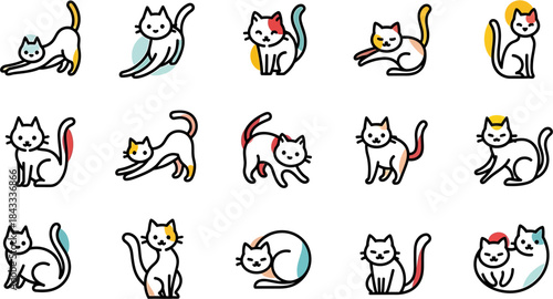 Collection of 15 stylized cat icons in various playful poses, perfect for graphic design and digital projects