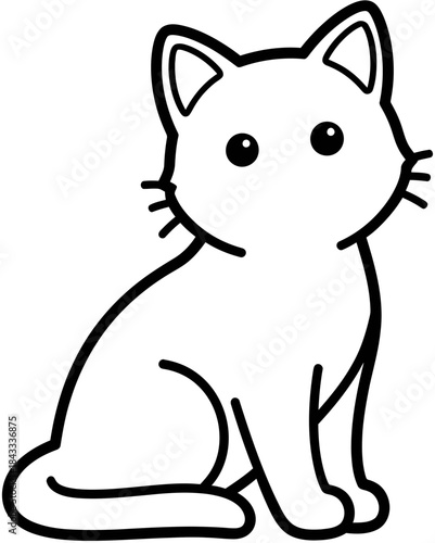 A simple, adorable black and white cartoon illustration of a cute kitten sitting and looking forward with bright eyes and whiskers