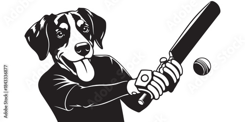 Dog wearing a shirt playing cricket with a bat and ball