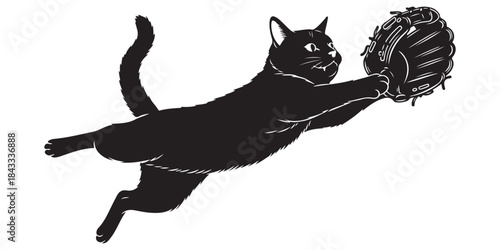 Black cat leaping to catch a baseball in a glove