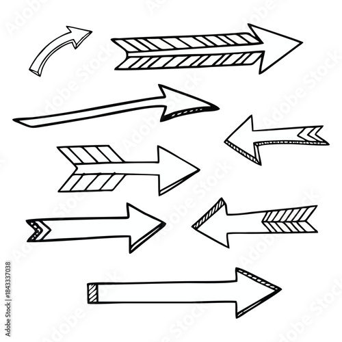 Various hand-sketched arrow doodles showcasing a range of styles and orientations often used for navigation and design elements