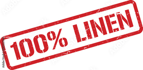 Red Distressed Stamp with 100% Linen Text, Diagonal Rectangle Seal on White Background