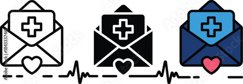 Medical communication notifications telehealth reminders and patient alerts symbol featuring an envelope with a cross symbol and a heart with a heartbeat line below