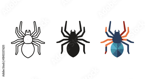 Set of three different style spider icons on white background