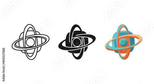 Set of three atomic structure logos in different styles