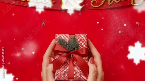 pecial moment where hands are presenting a beautifully wrapped red gift box adorned with a satin ribbon, emphasizing the warmth and thoughtfulness of giving