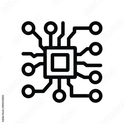 Minimalist microchip icon with connected circuit lines, representing artificial intelligence, digital processing, computing power, and modern technology systems