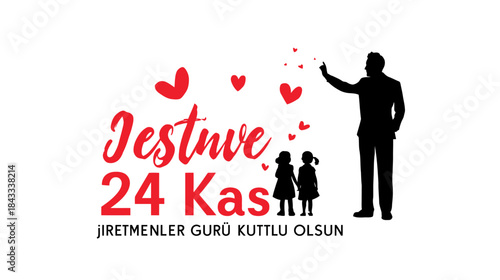 A typographic badge design marking Turkish Teachers’ Day on November 24, featuring elements of the Turkish flag and silhouettes of Mustafa Kemal Ataturk with students