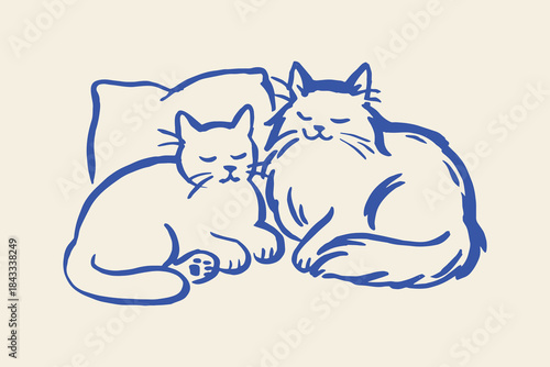 Sleeping cats cuddling on pillow doodle vector illustration