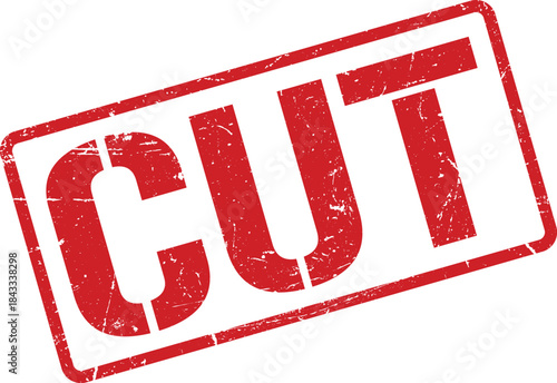 Distressed Red Rubber Stamp Illustration with the Word CUT in Bold White Letters on White