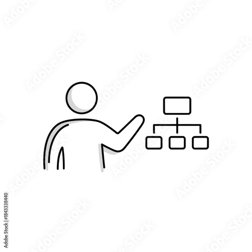 A simple line drawing of a person pointing to a flowchart or organizational chart.