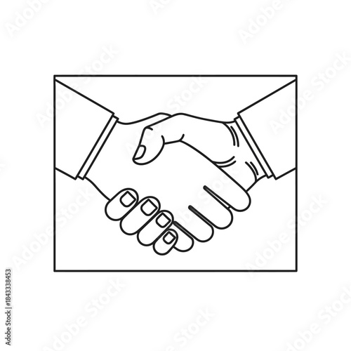 A black and white line drawing of two hands shaking firmly in agreement, symbolizing partnership and trust.