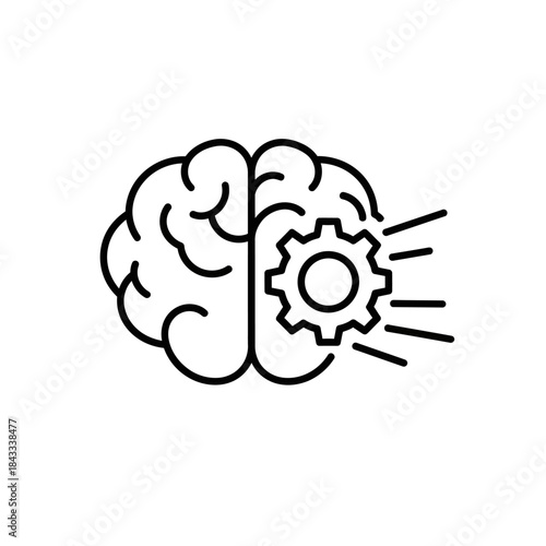 Illustration of a human brain with a gear mechanism on the right side, symbolizing thought and mechanics.