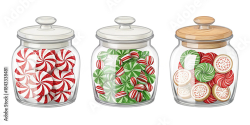 Realistic Christmas Candy Jars, Glass Jars with Candy Canes Cookies and Wrapped Sweets, Semi-Realistic Vector Illustration