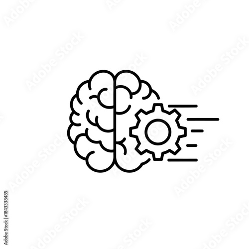 A stylized illustration of a human brain with a gear mechanism integrated into its right hemisphere, symbolizing artificial intelligence and cognitive processing.