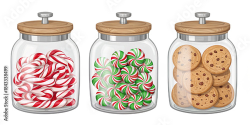 Realistic Christmas Candy Jars, Glass Jars with Candy Canes Cookies and Wrapped Sweets, Semi-Realistic Vector Illustration
