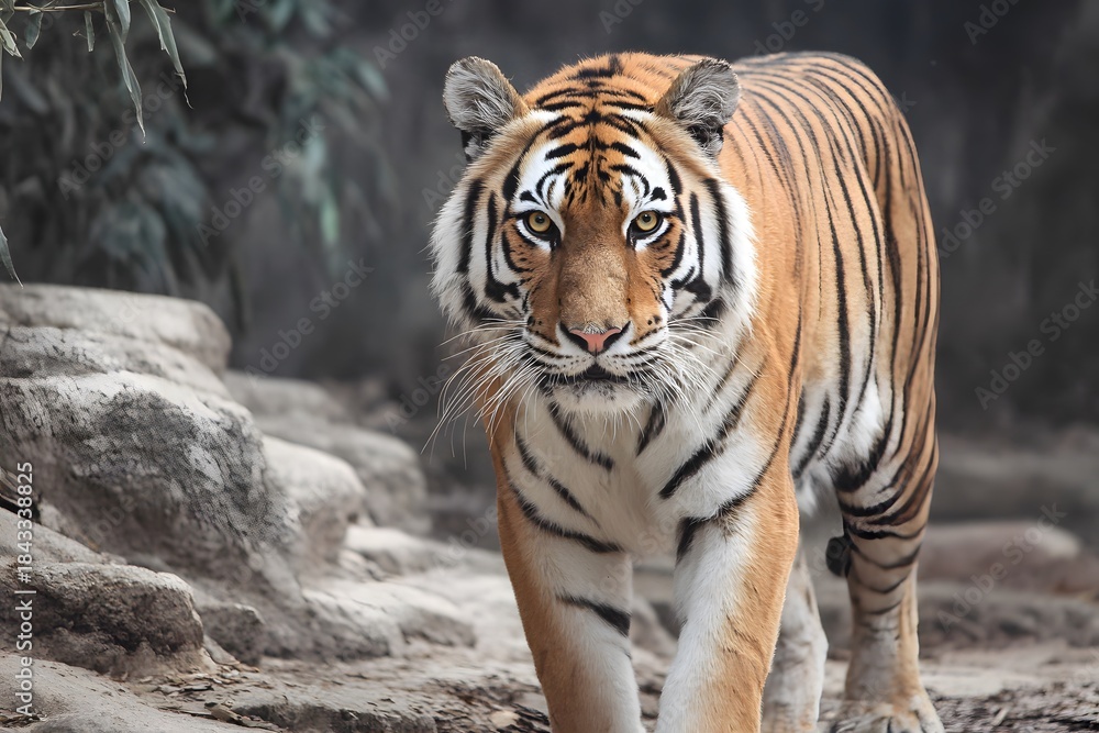 Obraz premium A majestic Bengal tiger walks forward through a rocky landscape.