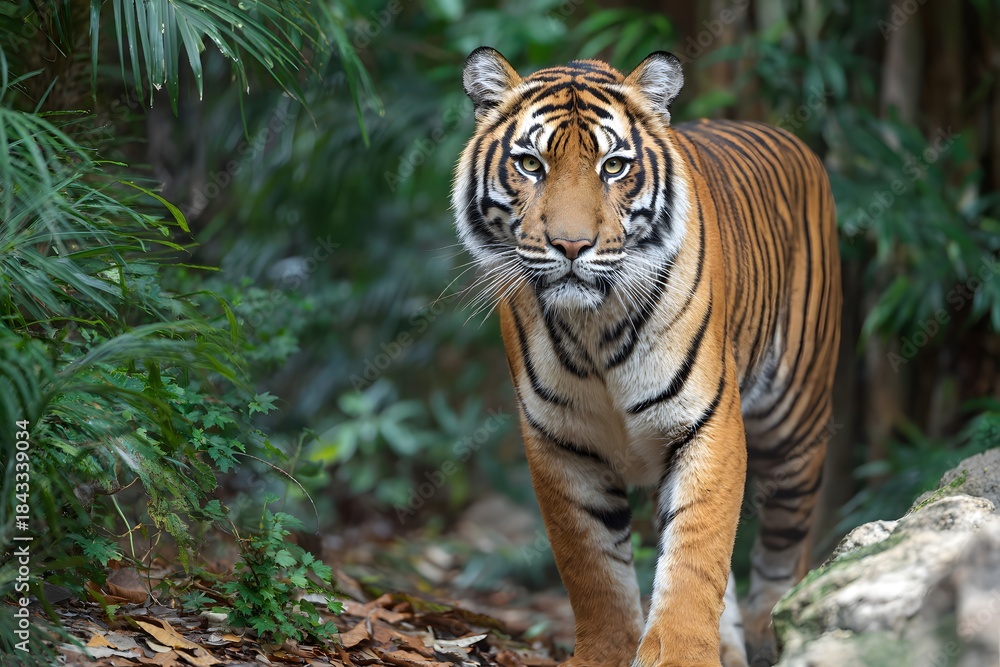 Obraz premium A Bengal tiger walks through lush green foliage and plants.