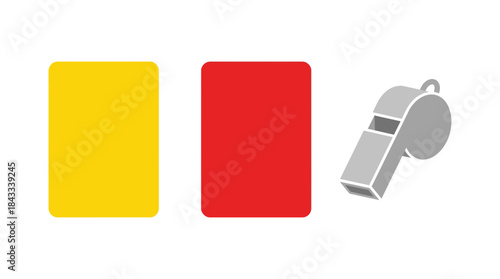 Referee yellow and red card and whistle vector icons