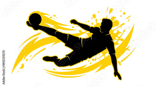 Soccer player performing overhead bicycle kick vector illustration