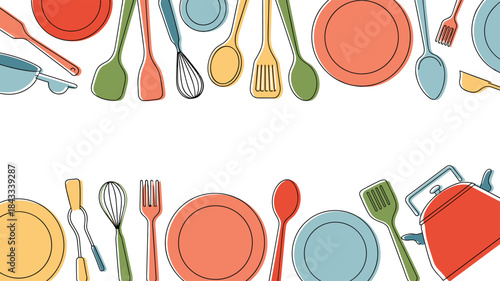 Colorful Kitchen Utensils and Dishes Border
