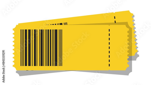 Two yellow admission tickets with barcode flat vector illustration