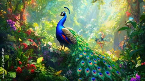 Majestic Peacock in Eden: A resplendent peacock displays its vibrant plumage amidst a lush, exotic garden. A portrait of paradise where nature's beauty flourishes.