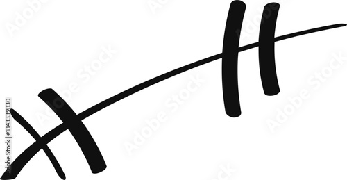 Abstract black brushstroke line with cross marks, a minimalist graphic symbol representing connection, division, or a stitch effect.