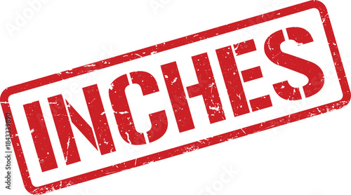 Distressed Red Inches Word Stamp with Frame on White Background Measurement Concept