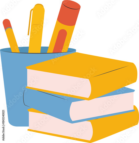 Education and learning concept with stacked books and a cup of stationery including pens, pencils, and highlighters