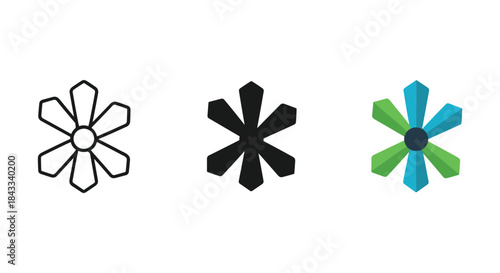 Set of three asterisk symbols in different styles and colors