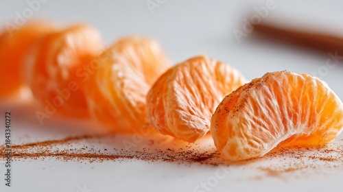 Fototapeta Naklejka Na Ścianę i Meble -  Minimalist arrangement of spiced mandarin segments on crisp white background, thin cinnamon accent lines