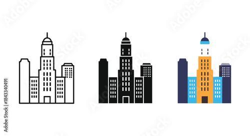 City skyline icon set in different colors and styles