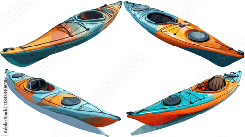 Collection of colorful kayaks in various angles, showing sleek watercraft designs for paddling, touring, and outdoor adventure on lakes, rivers, and coastal areas.
