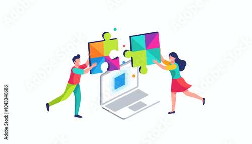 Teamwork Connecting Digital Puzzle Pieces for Solution