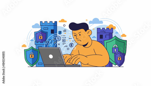 Man Facing Digital Security Threats and Data Protection Challenges