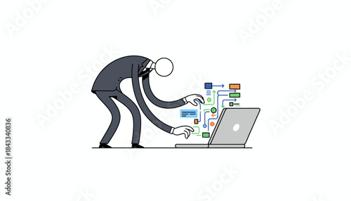 Businessman Multitasking Managing Complex Digital Workflow on Laptop