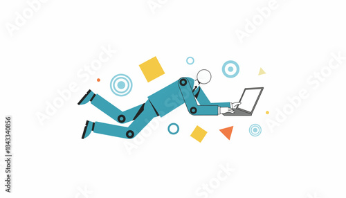 Flying Businessman Working on Laptop with Abstract Shapes