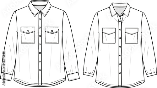 Men Long Sleeve Button Shirt Technical Drawing Front Back View with Dual Pockets Fashion Apparel Vector Illustration Line Art Design